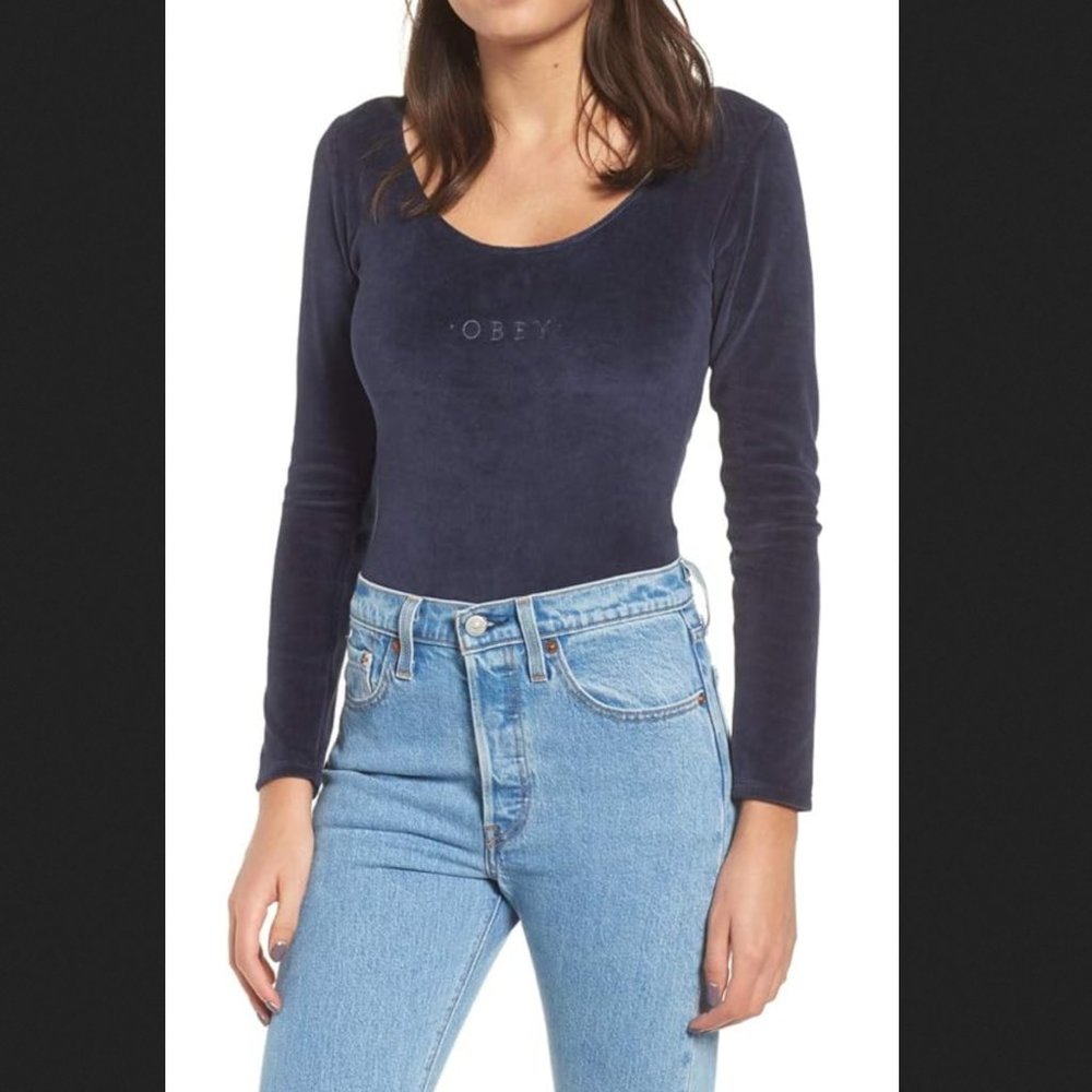 Obey Women's Navy Hydra Fitted Ls Velour Bodysuit Size XS